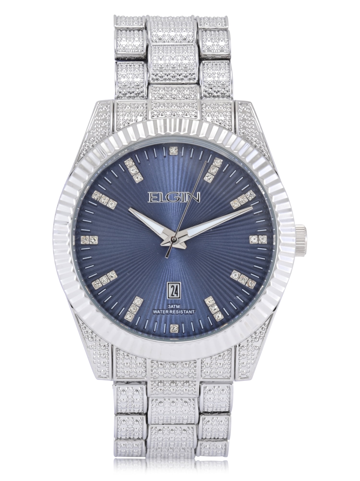 Elgin Adult Men's Silver and Crsytal Round Case Watch with Blue Dial. (FG180038)