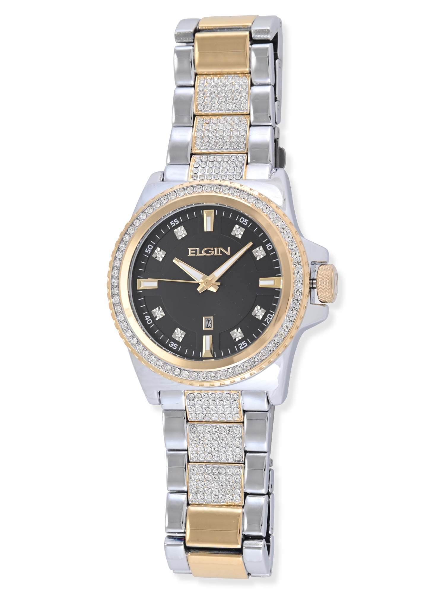 Elgin Adult Men's Silver and Crystal Round Case Watch with Gold Bezel. (FG180037) - Image 3