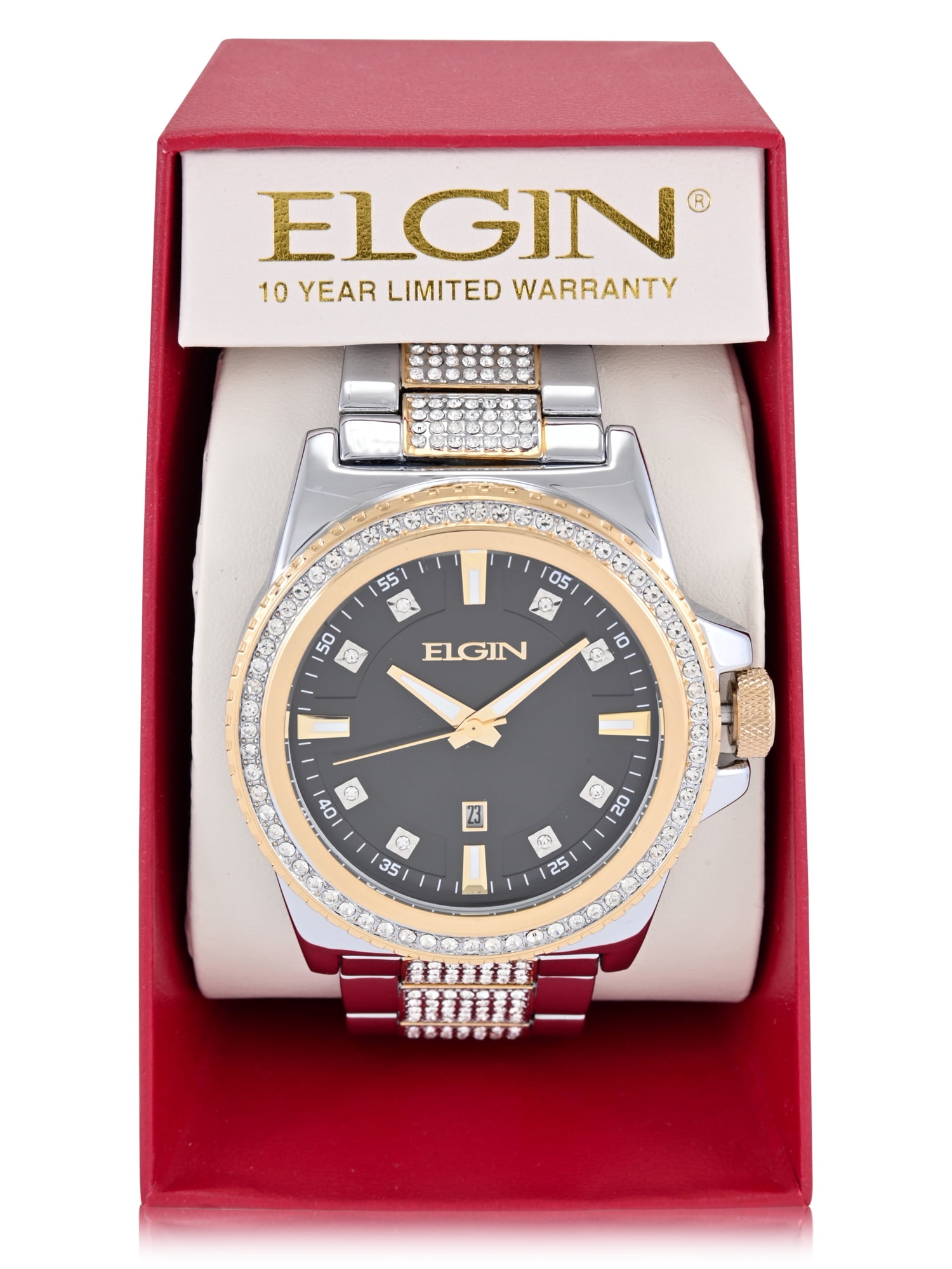 Elgin Adult Men's Silver and Crystal Round Case Watch with Gold Bezel. (FG180037) - Image 2