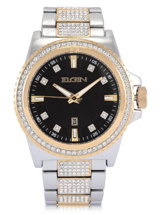 Elgin Adult Men's Silver and Crystal Round Case Watch with Gold Bezel. (FG180037)