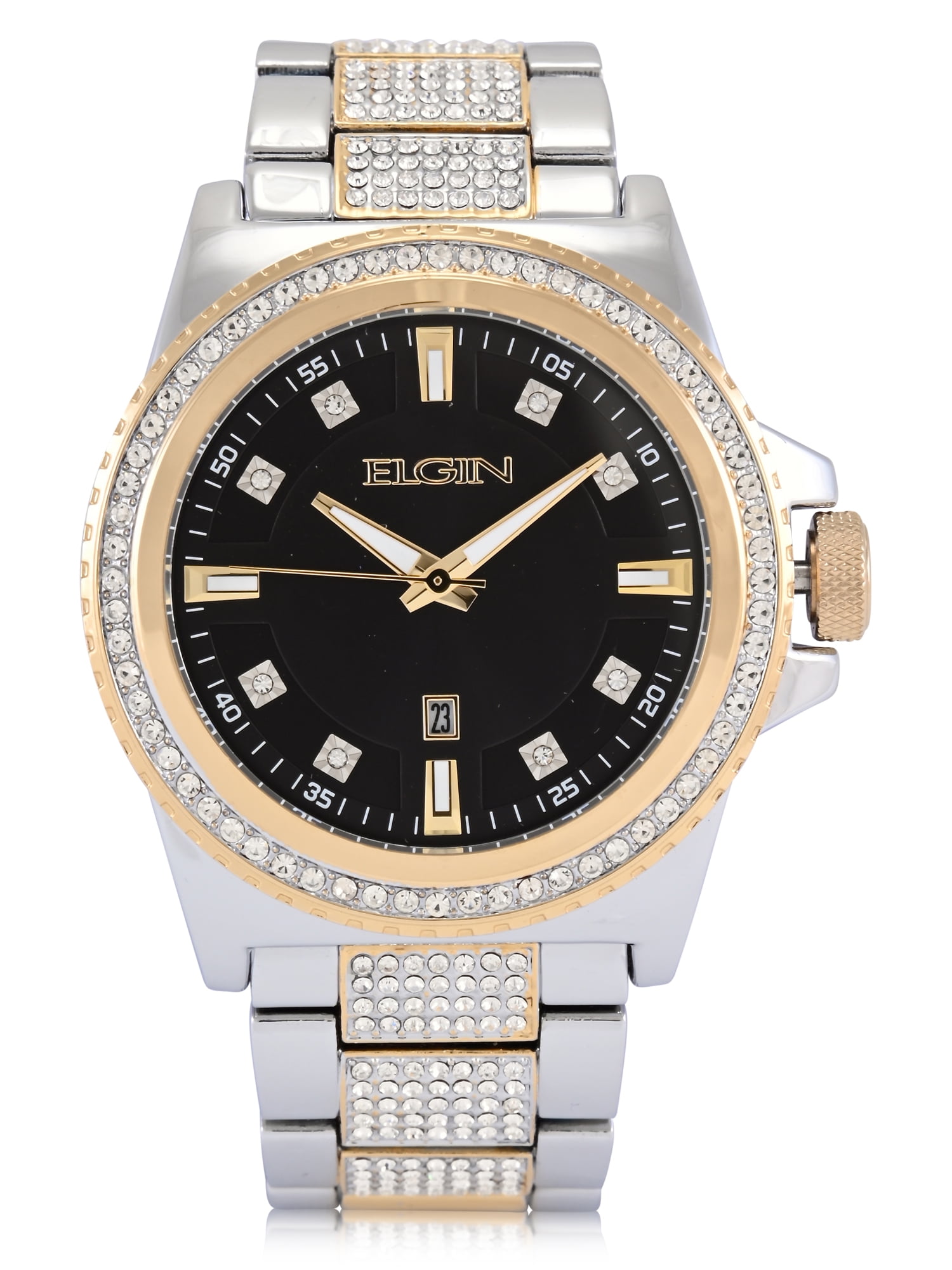 Elgin Adult Men's Silver and Crystal Round Case Watch with Gold Bezel. (FG180037)