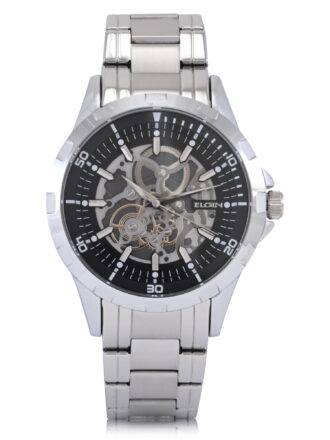 Elgin Adult Men's Silver Round Case Watch with Faux Skeleton Dial. (FG180031)