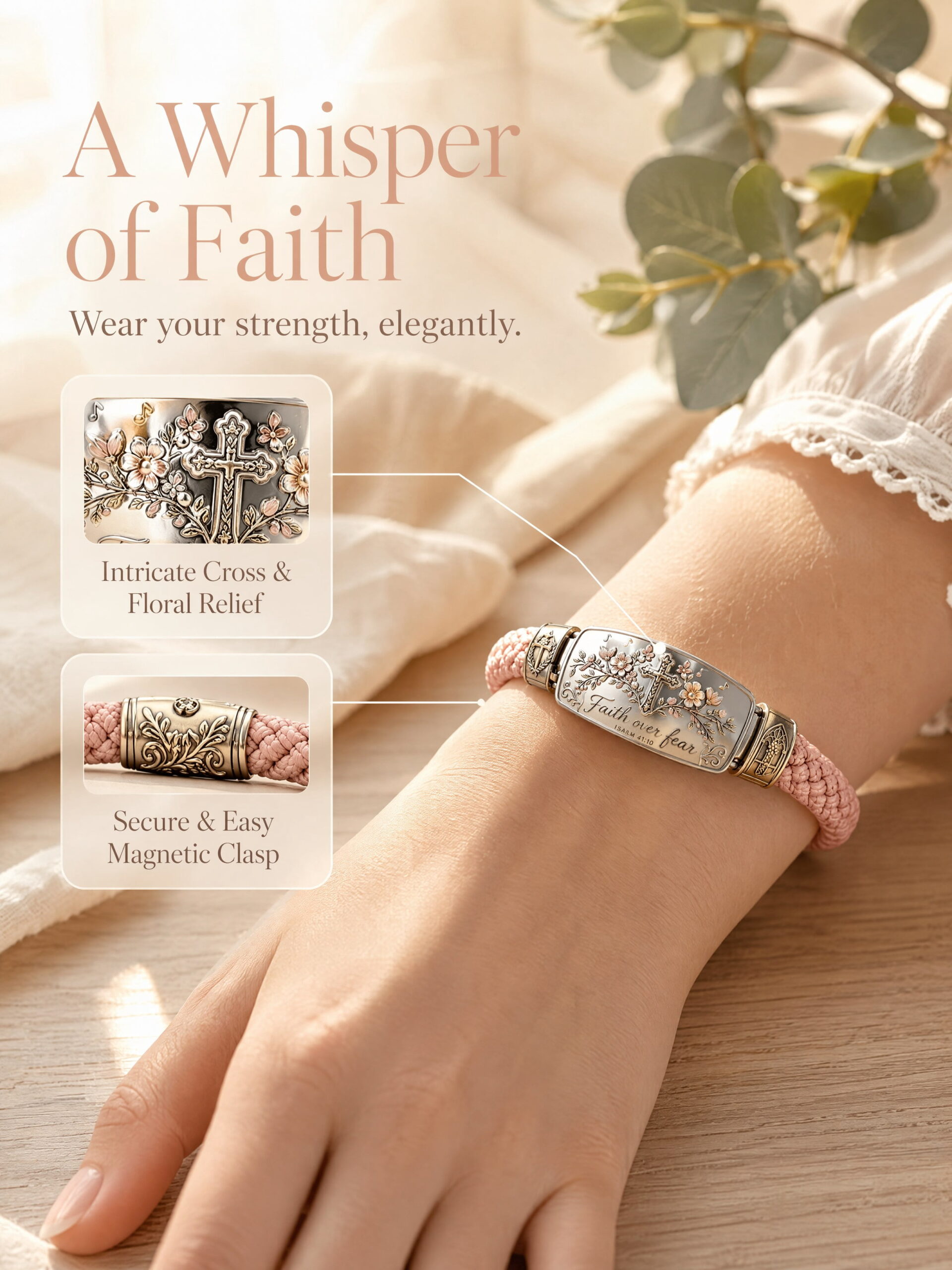 Faith Over Fear Bracelet Christian, Isaiah 41:10 Cross Bangle, Cherry Blossom Scripture Jewelry Gift for Women Mom - Image 4