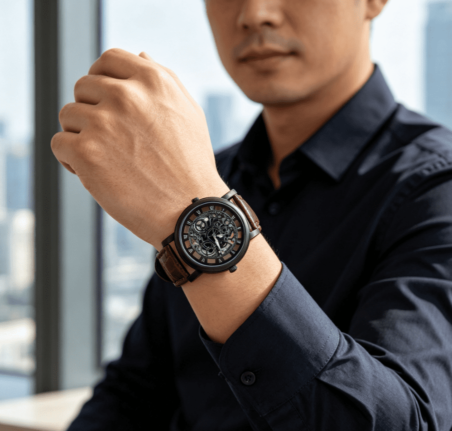 Fashion Skeleton Dial Quartz Watch - Stylish Roman Numeral Analog Wristwatch with Leather, Unisex Casual Dress Watch for Men & Women,A - Image 3