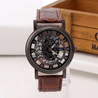 Fashion Skeleton Dial Quartz Watch - Stylish Roman Numeral Analog Wristwatch with Leather, Unisex Casual Dress Watch for Men & Women,A
