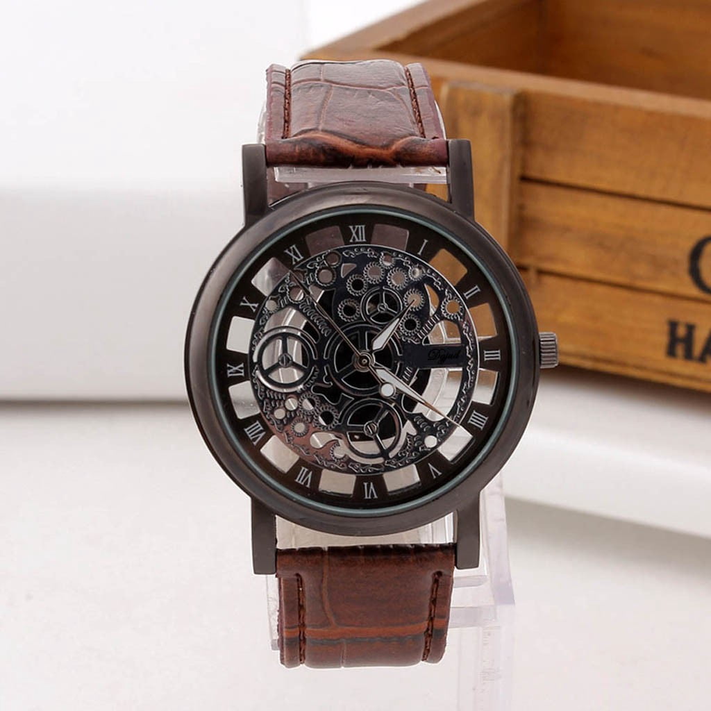 Fashion Skeleton Dial Quartz Watch - Stylish Roman Numeral Analog Wristwatch with Leather, Unisex Casual Dress Watch for Men & Women,A - Image 2