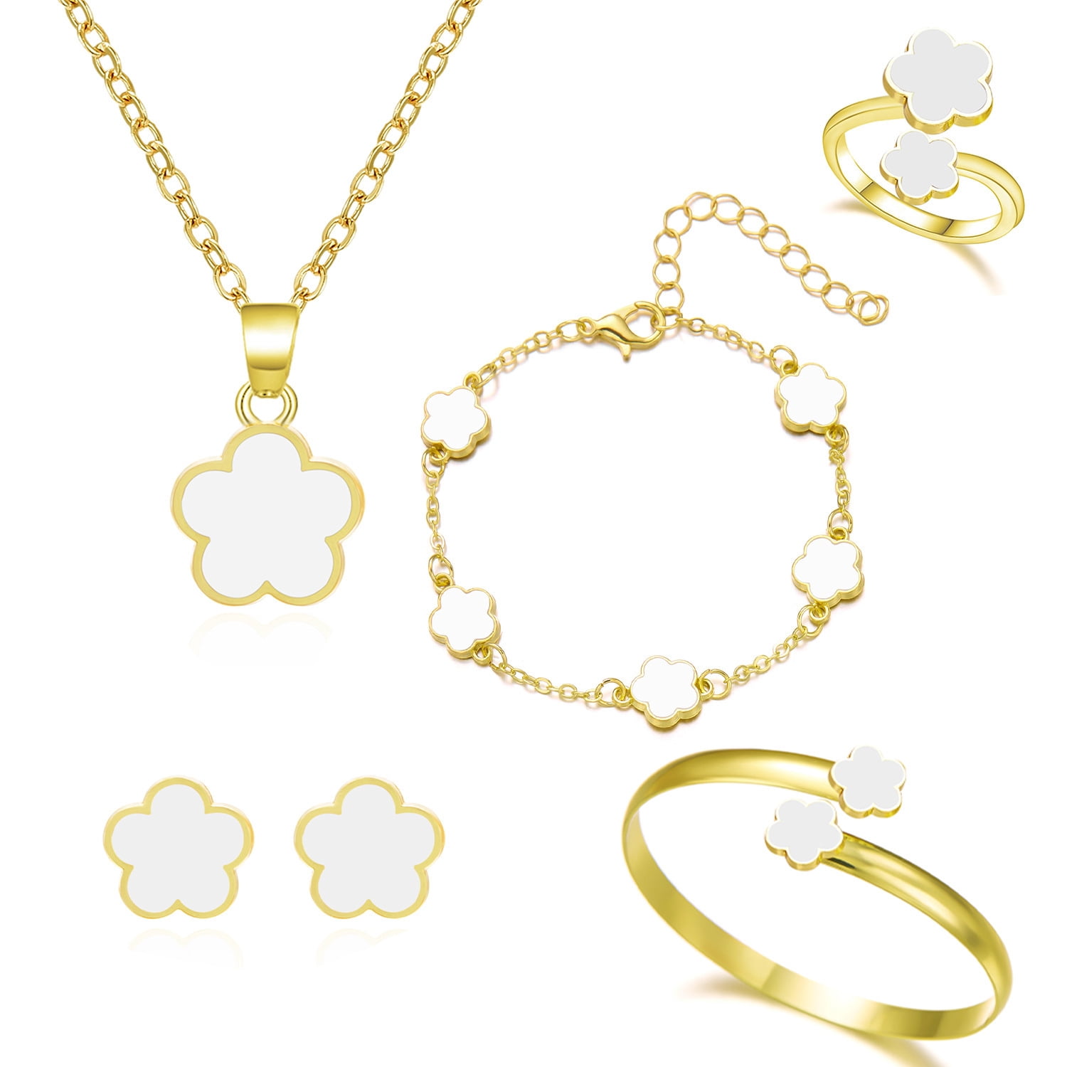Faty-T Clover Jewelry Set 18K Gold Plated Stainless Steel Necklace with Flower Design Four leaf clover for Women, Elegant Four Leaf Clover Necklace Floral Style Jewelry - Image 4
