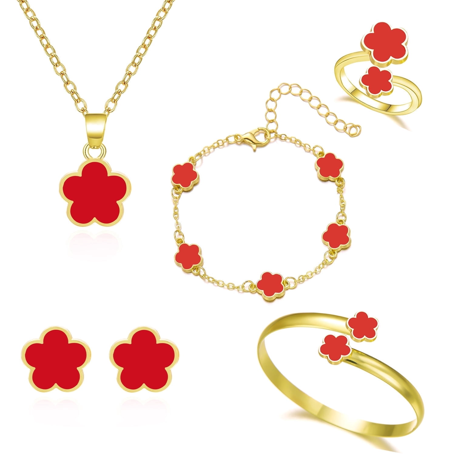 Faty-T Clover Jewelry Set 18K Gold Plated Stainless Steel Necklace with Flower Design Four leaf clover for Women, Elegant Four Leaf Clover Necklace Floral Style Jewelry