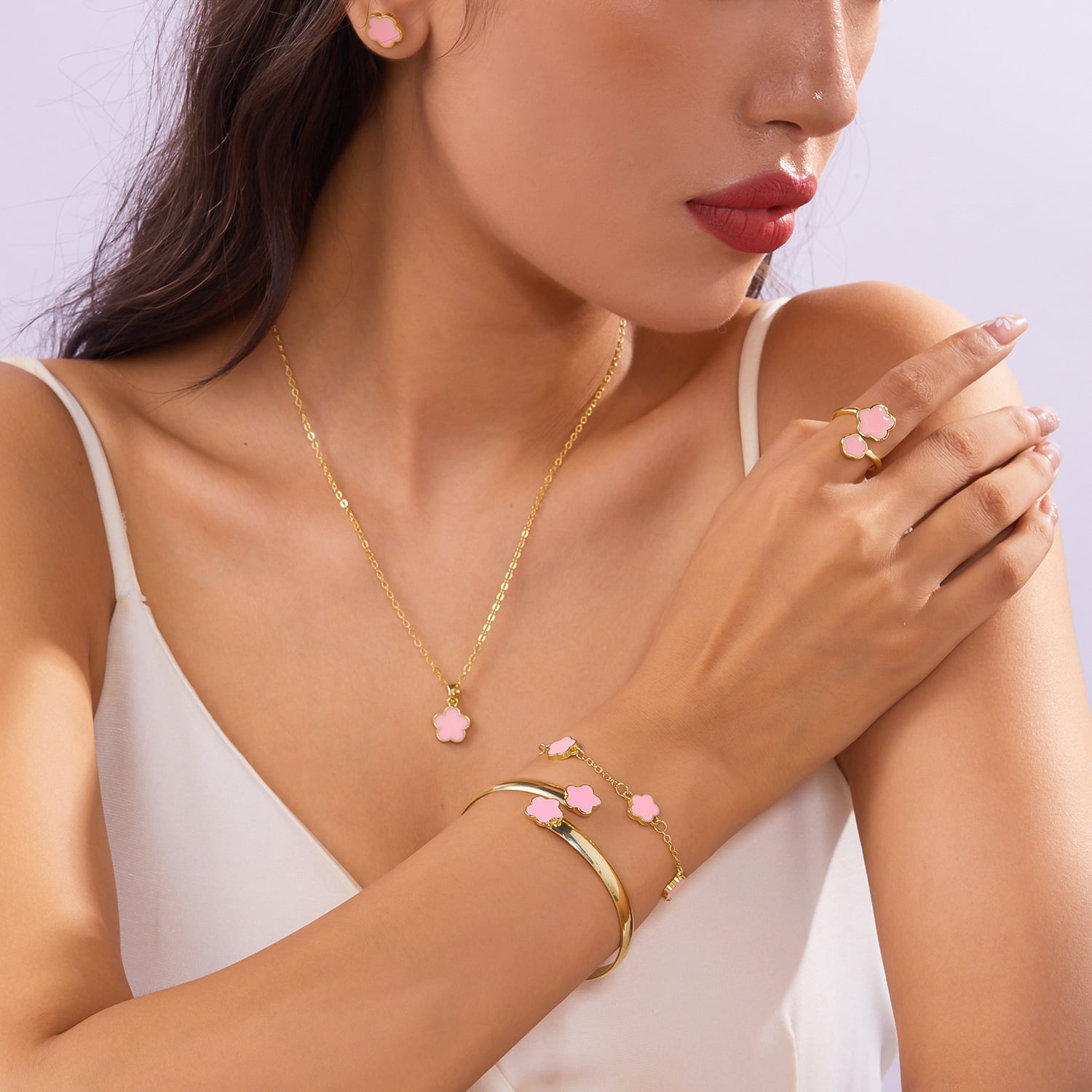 Faty-T Clover Jewelry Set 18K Gold Plated Stainless Steel Necklace with Flower Design Four leaf clover for Women, Elegant Four Leaf Clover Necklace Floral Style Jewelry - Image 2
