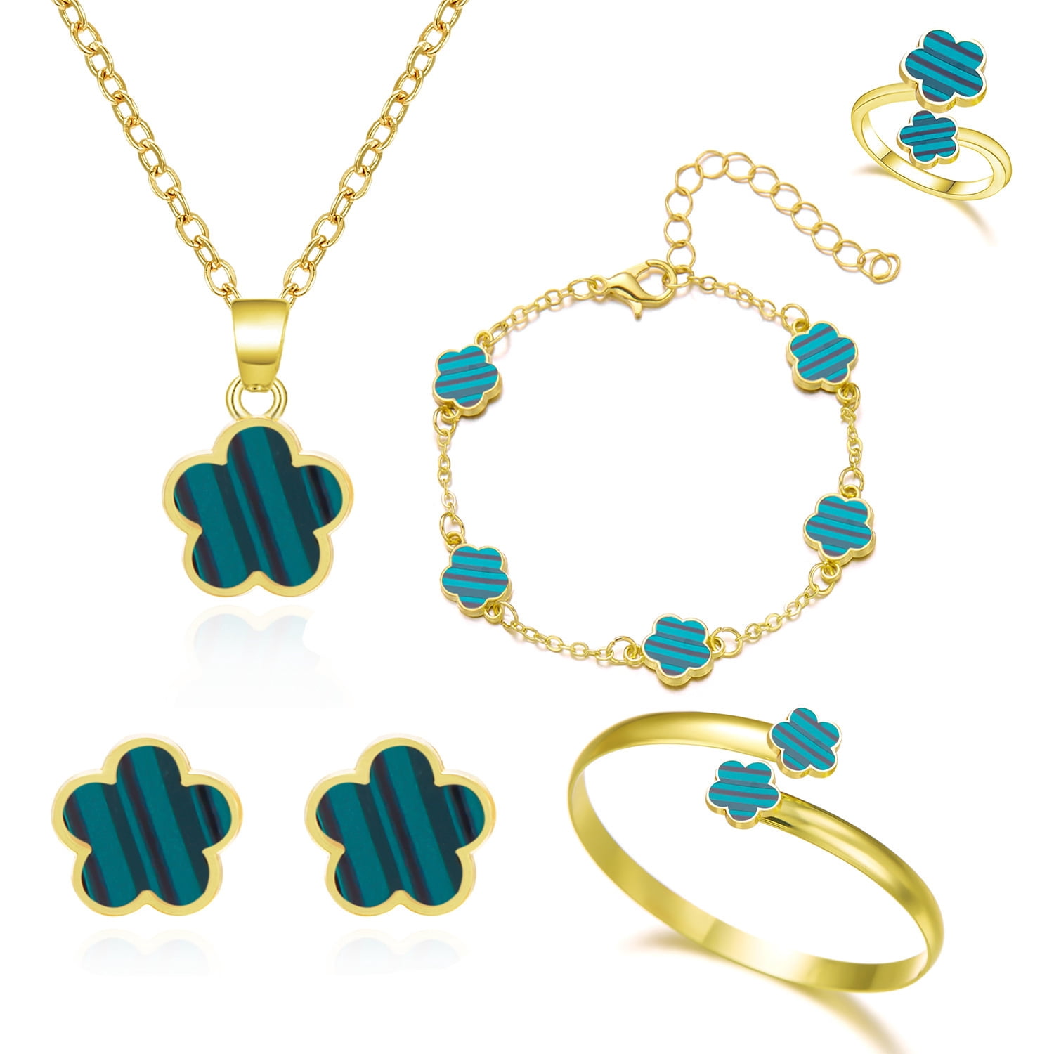 Faty-T Clover Jewelry Set 18K Gold Plated Stainless Steel Necklace with Flower Design Four leaf clover for Women, Elegant Four Leaf Clover Necklace Floral Style Jewelry - Image 5