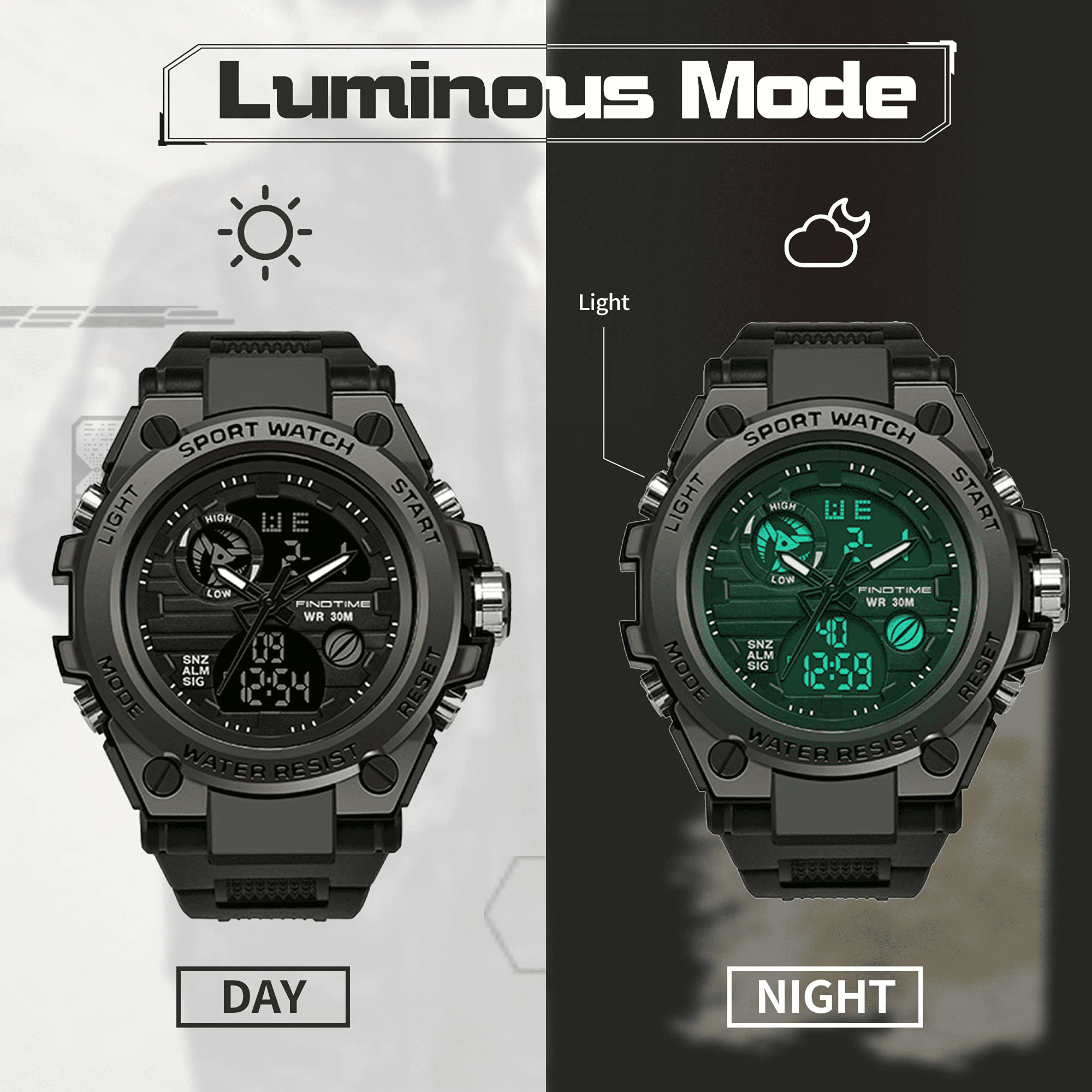 Findtime Men's Military Watch Outdoor Sports Electronic Watch Tactical Army Wristwatch LED Stopwatch Waterproof Digital Analog Watches - Image 5