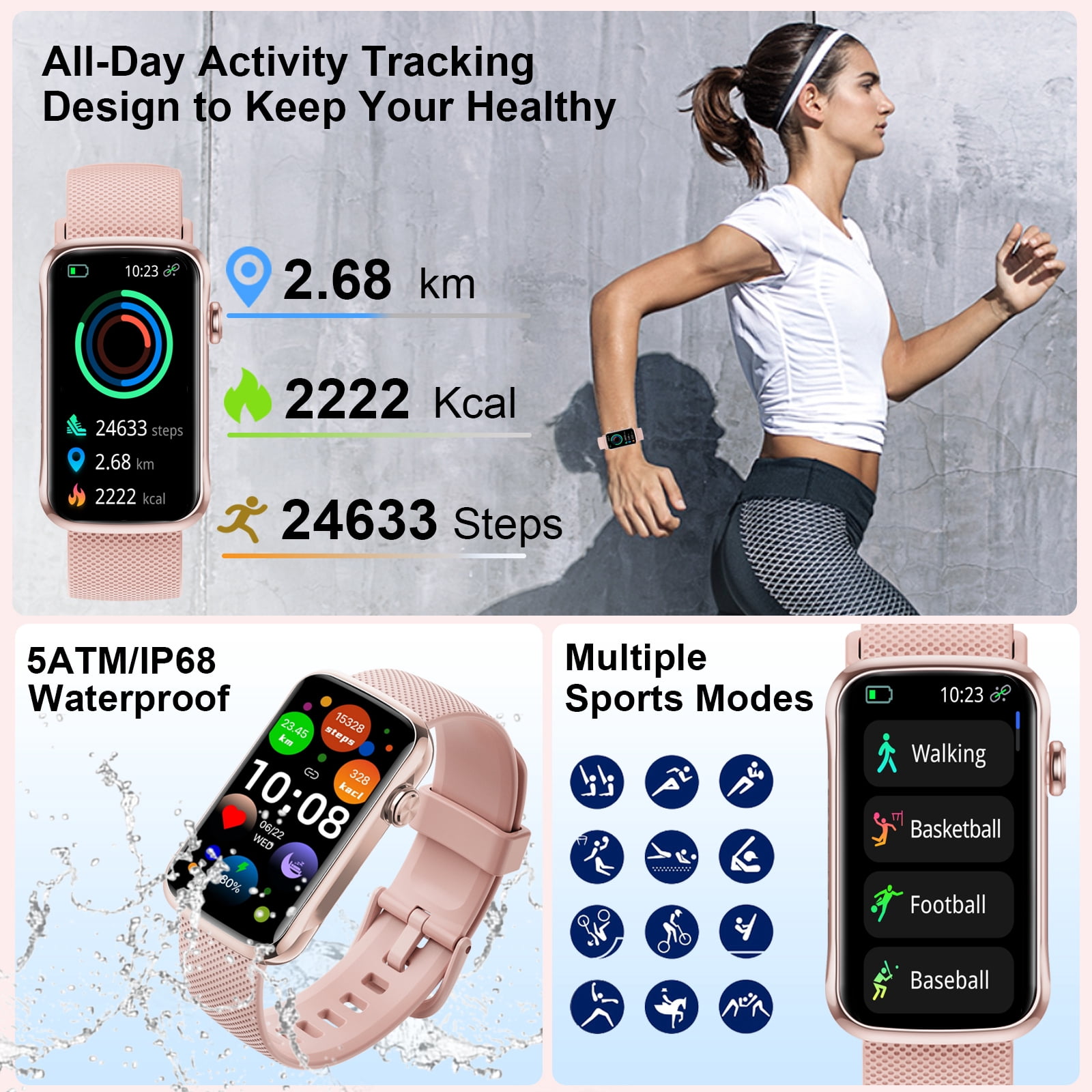 Fitness Tracker for Men Women, 2026 New 1.47" HD Smartwatch, Smart Watch with 110+ Sport Modes, IP68 Waterproof Pedometer, Compatible with Android and Ios, Pink - Image 2