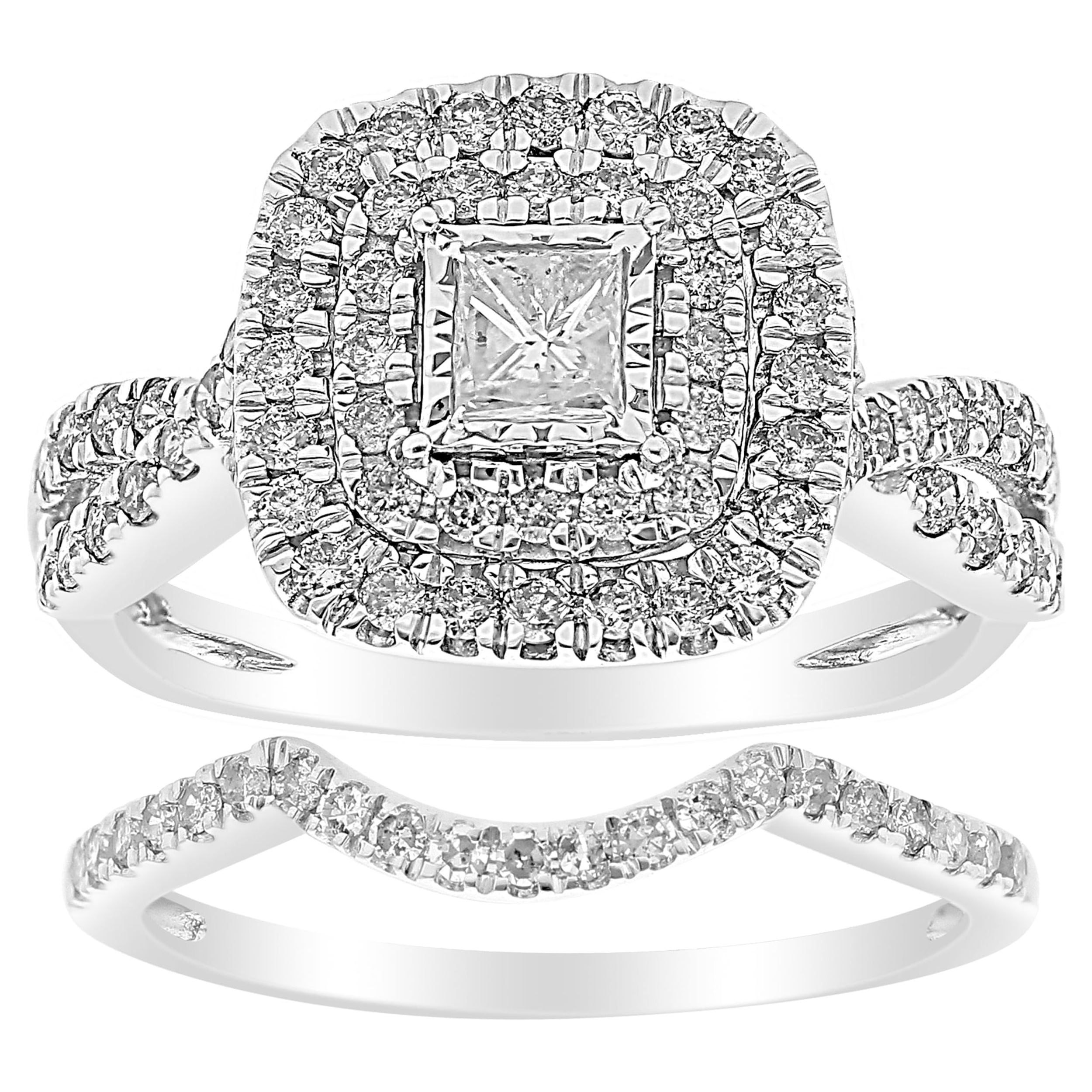 Forever Bride 10K White Gold 1 CTTW Diamond Cushion Halo Twist Bridal Set Women, Adults