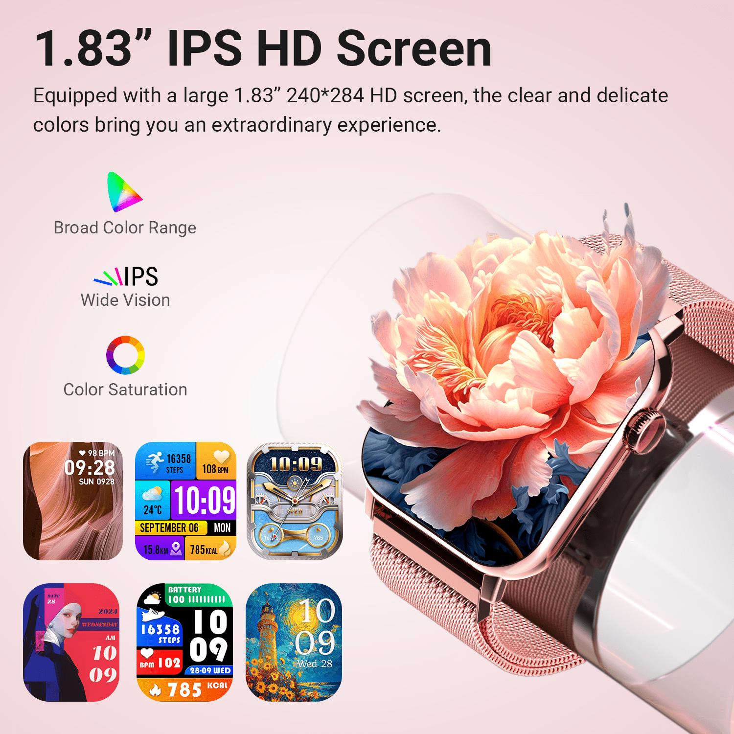 FPZMIU 1.83'' HD Fitness Smart Watch 3 Bands for Men Women,IP68 Waterproof Fitness Wrist Watch Compatible with iPhone Android(Pink) - Image 4