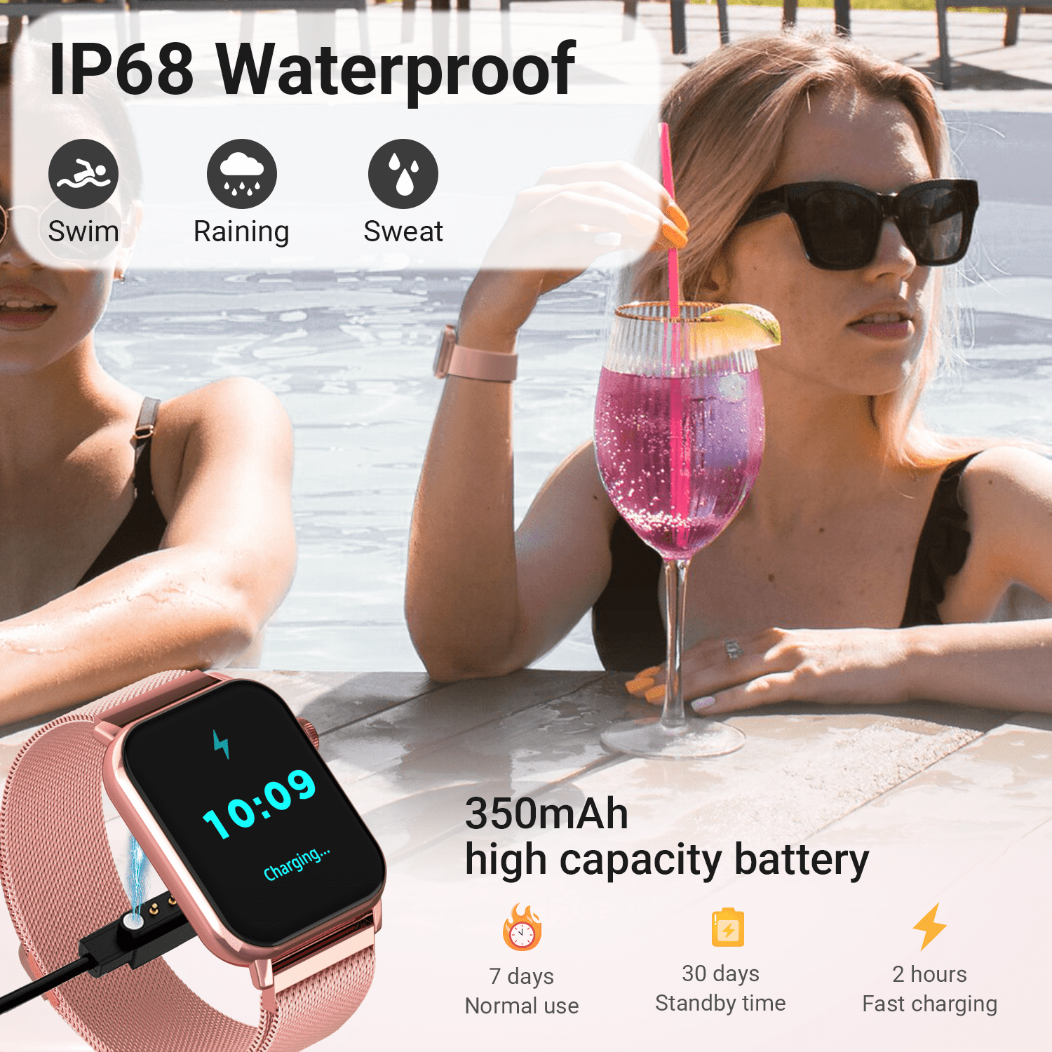 FPZMIU 1.83'' HD Fitness Smart Watch 3 Bands for Men Women,IP68 Waterproof Fitness Wrist Watch Compatible with iPhone Android(Pink) - Image 3
