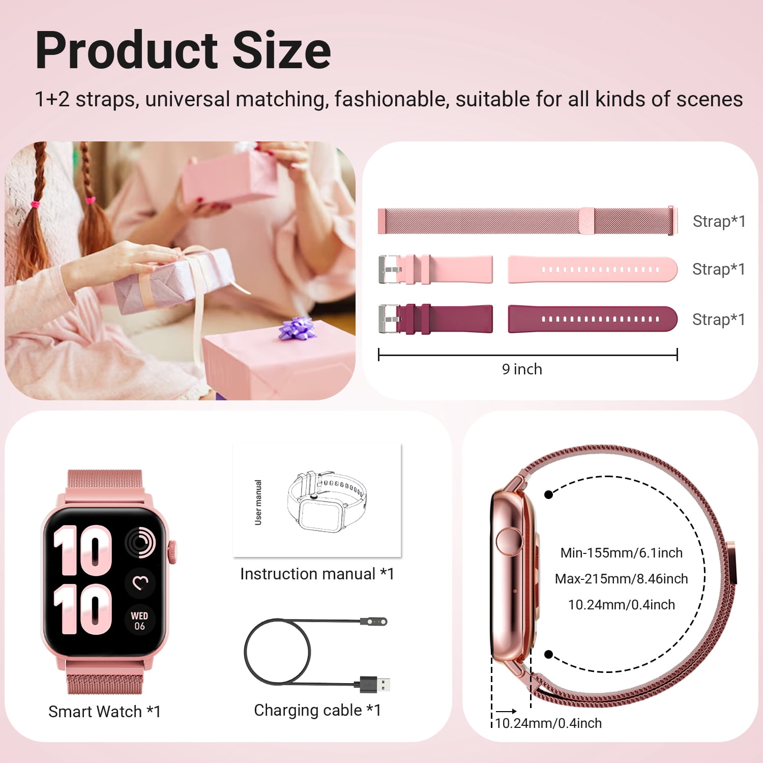 FPZMIU 1.83'' HD Fitness Smart Watch 3 Bands for Men Women,IP68 Waterproof Fitness Wrist Watch Compatible with iPhone Android(Pink) - Image 2