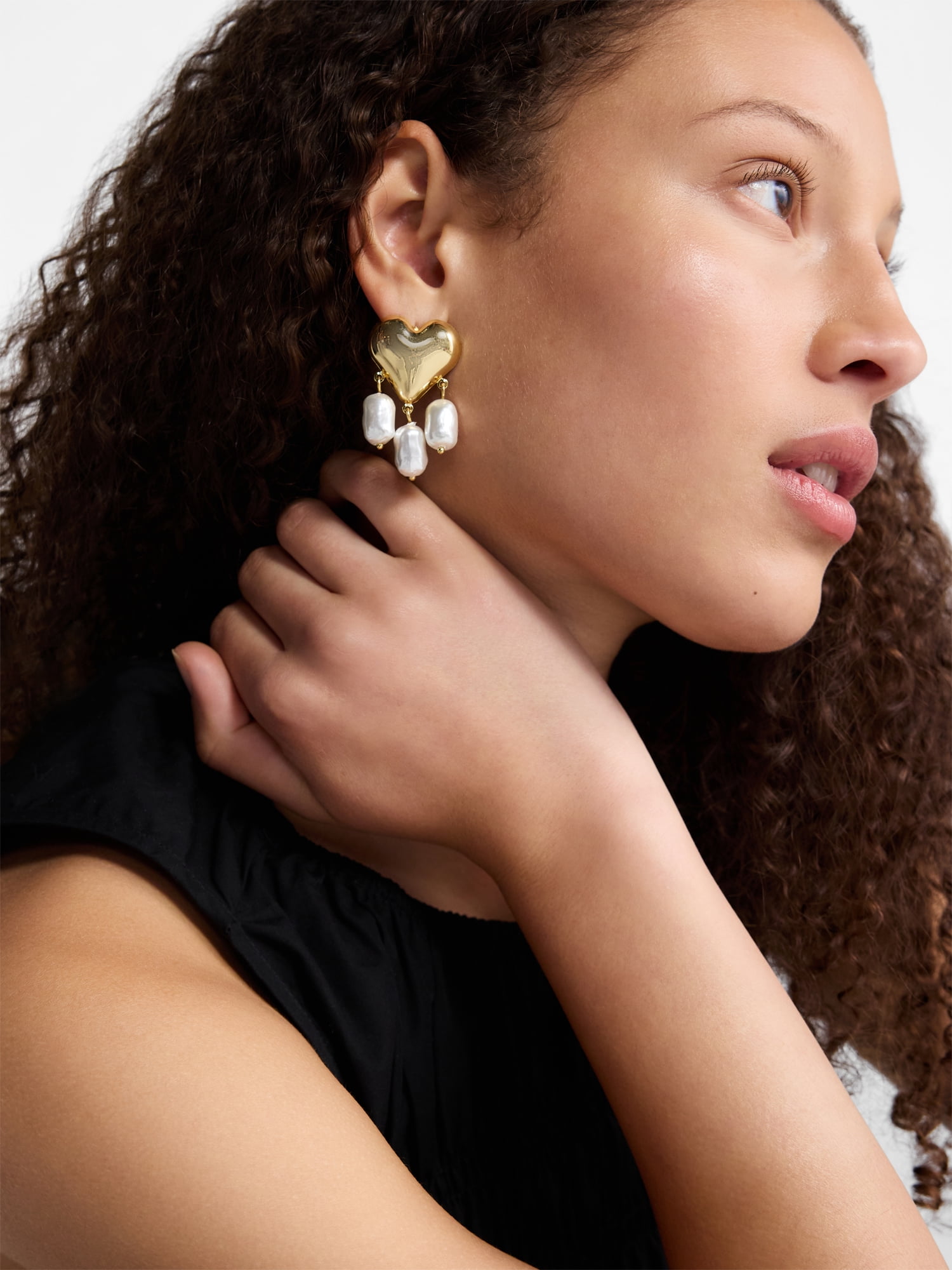 Free Assembly Women's Gold Tone Heart and Faux Pearl Drop Earrings - Image 3