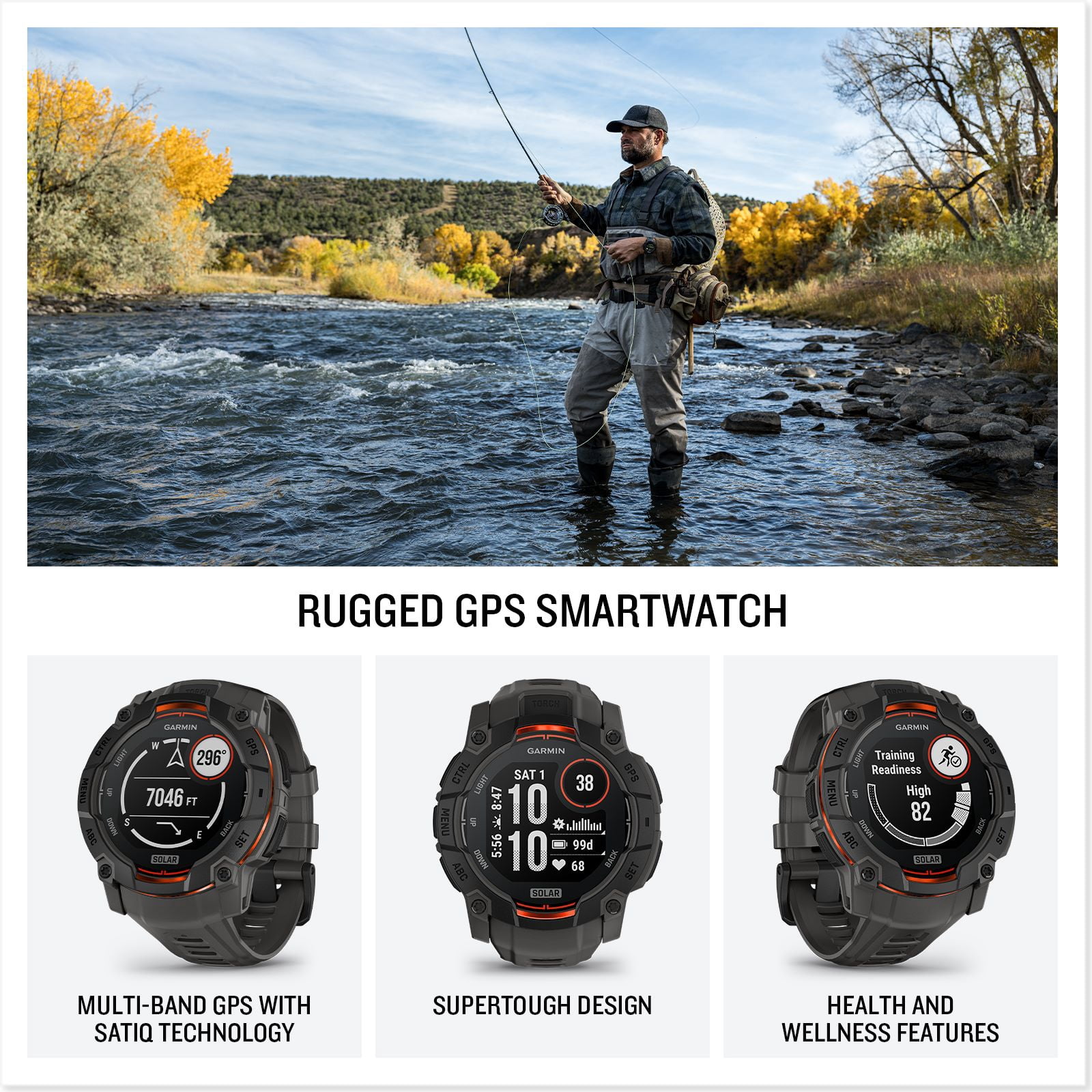 Garmin Instinct® 3 50mm, Solar Charged Display, Rugged Outdoor GPS Smartwatch, Metal-Reinforced Bezel, Built-in Flashlight, Charcoal - Image 5