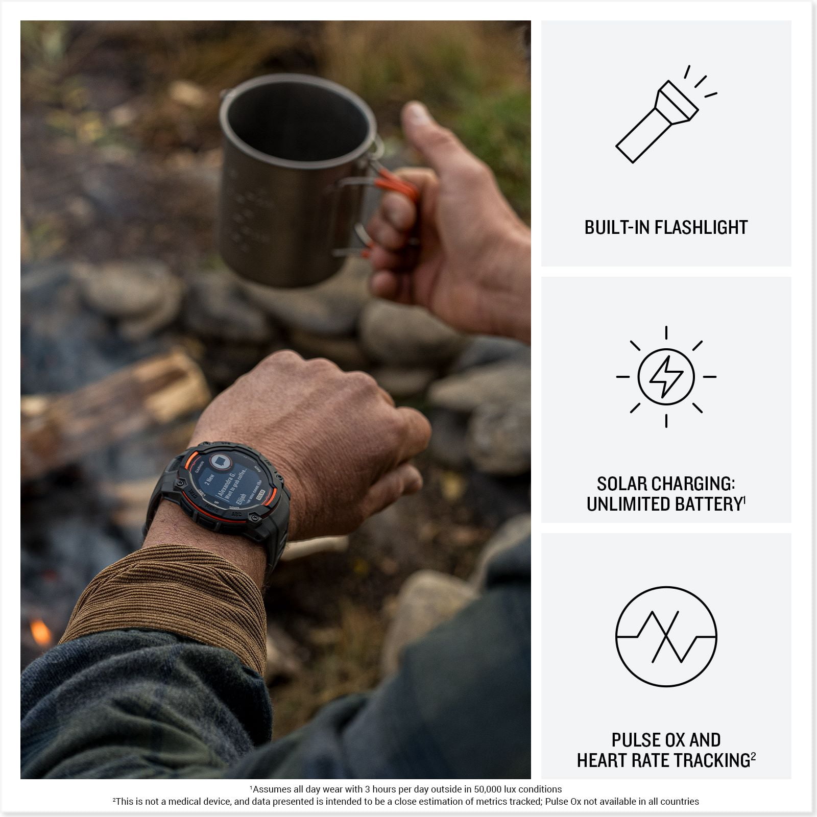 Garmin Instinct® 3 50mm, Solar Charged Display, Rugged Outdoor GPS Smartwatch, Metal-Reinforced Bezel, Built-in Flashlight, Charcoal - Image 2
