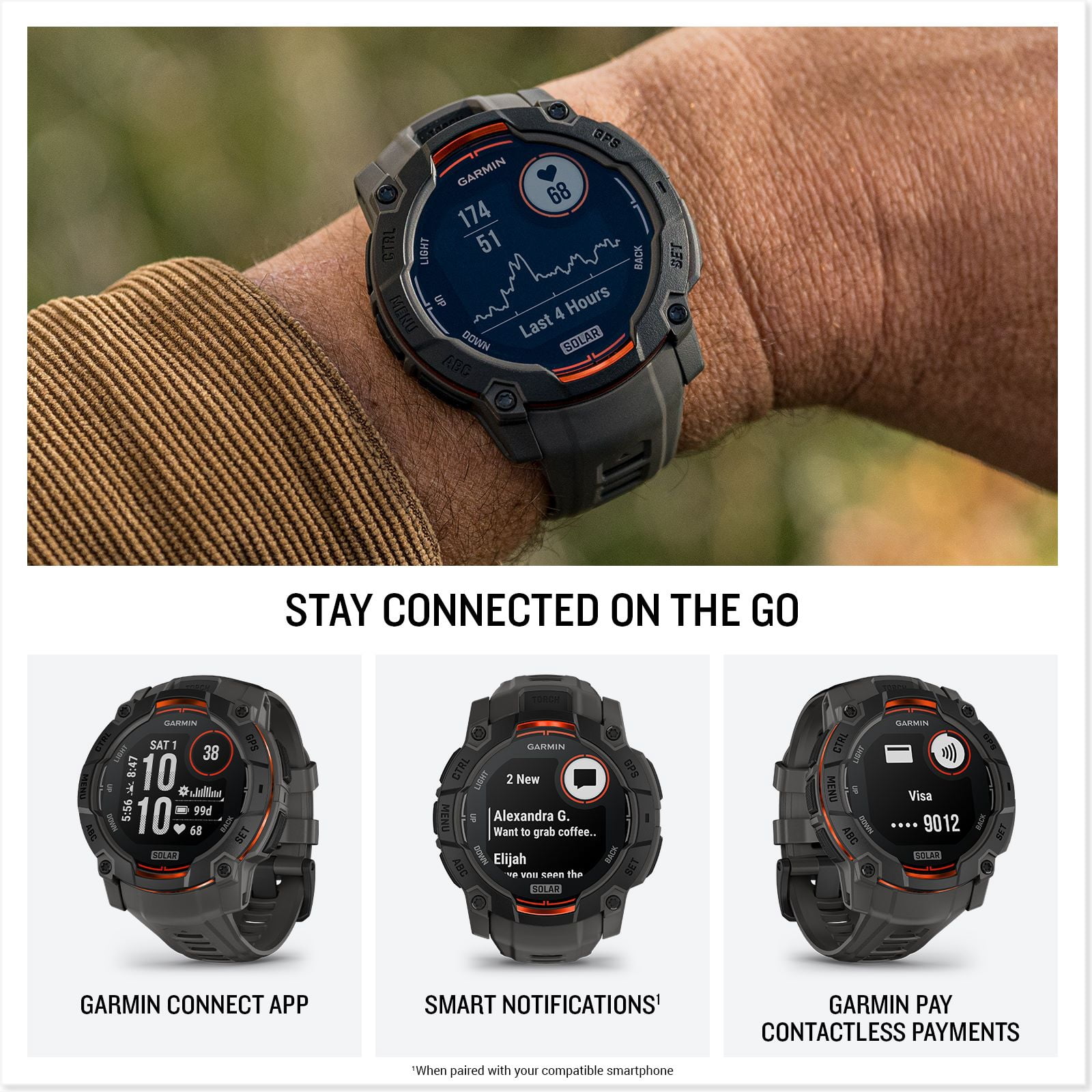 Garmin Instinct® 3 50mm, Solar Charged Display, Rugged Outdoor GPS Smartwatch, Metal-Reinforced Bezel, Built-in Flashlight, Charcoal - Image 4