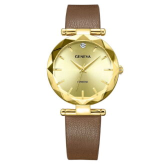 Geneva Ladies Gold Tone 32mm Genuine Diamond Faceted Bezel Brown Strap Watch