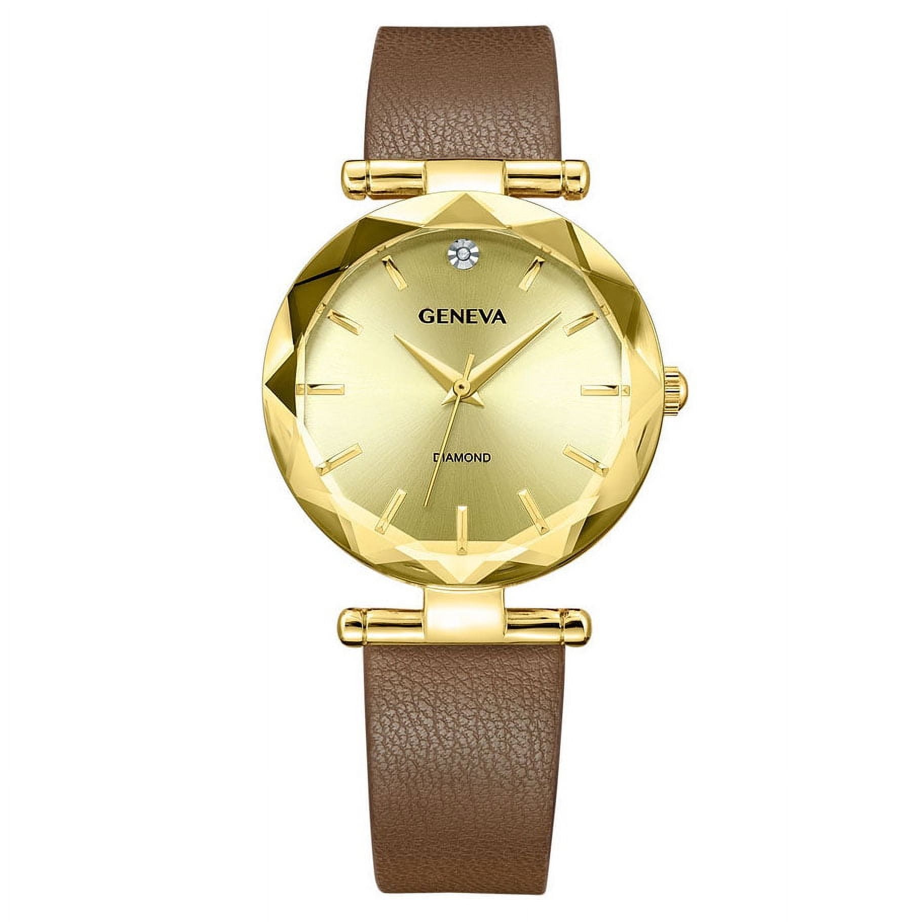 Geneva Ladies Gold Tone 32mm Genuine Diamond Faceted Bezel Brown Strap Watch