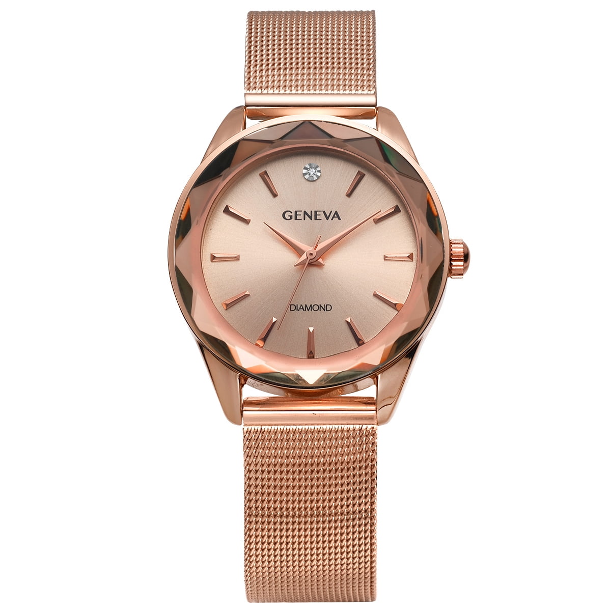 Geneva Ladies Rose Gold Tone 34mm Genuine Diamond Faceted Bezel Adjustable Mesh Watch