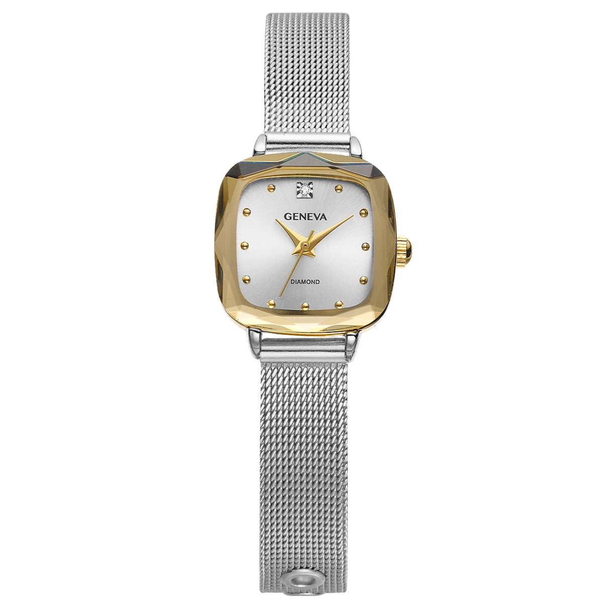 Geneva Ladies Silver Tone Tone 22mm Genuine Diamond Faceted Bezel Adjustable Mesh Watch