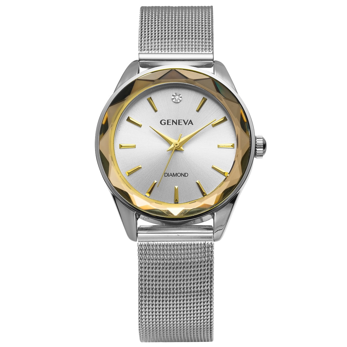 Geneva Ladies Silver Tone Tone 34mm Genuine Diamond Faceted Bezel Adjustable Mesh Watch