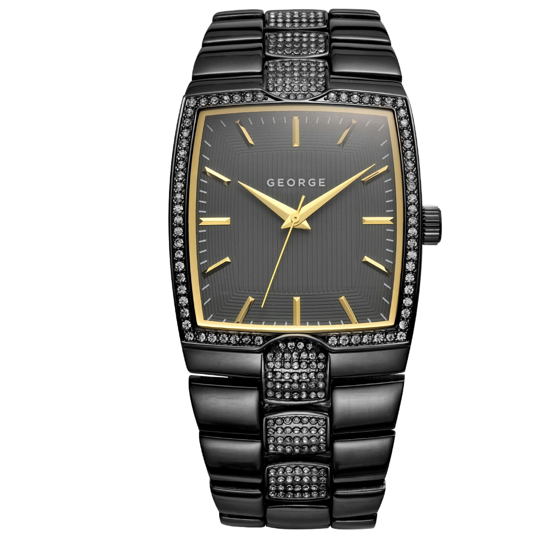 George 37mm Mens Tonneau Gunmetal Tone Crystal Watch