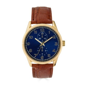 George 41MM Men's Gold Tone Navy Dial Easy Read Strap Brown Watch
