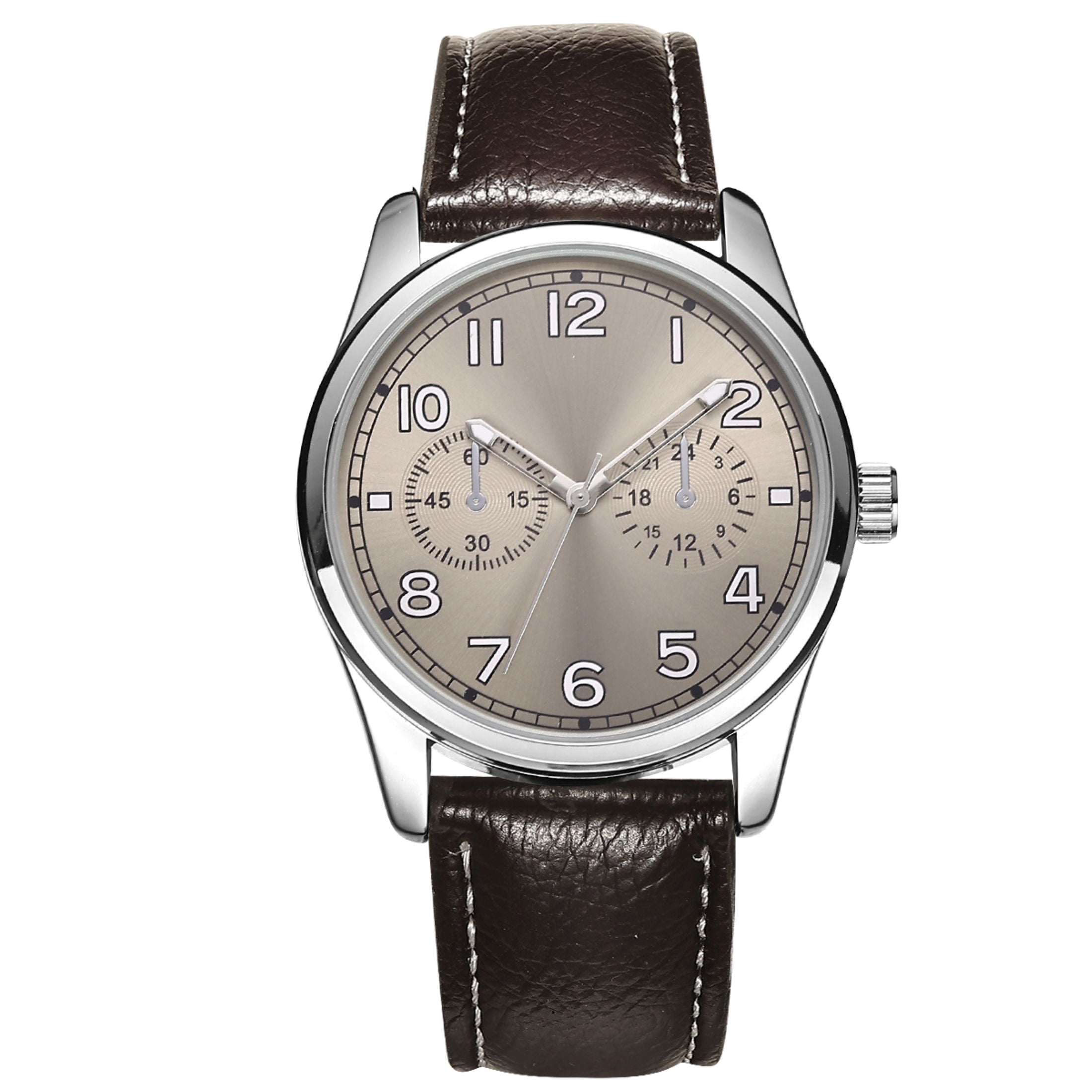 George 41mm Mens Silver Tone Taupe Dial Strap Watch