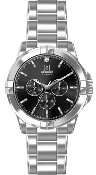George Men's 41mm Silver Tone Black Dial Genuine Diamond Bracelet Watch