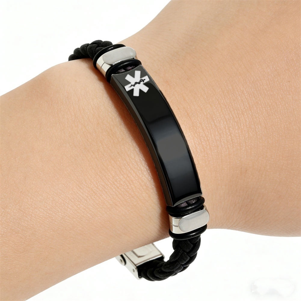 Glow in the Dark Medical Alert ID Leather Bracelet for Men Women, Diabetic/Epilepsy/Blood Thinner Identification Alarm Wristband for Meds Disease Allergies Awareness Jewelry for Emergency - Image 2