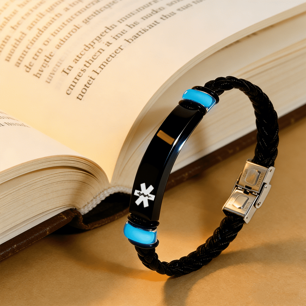 Glow in the Dark Medical Alert ID Leather Bracelet for Men Women, Diabetic/Epilepsy/Blood Thinner Identification Alarm Wristband for Meds Disease Allergies Awareness Jewelry for Emergency - Image 3