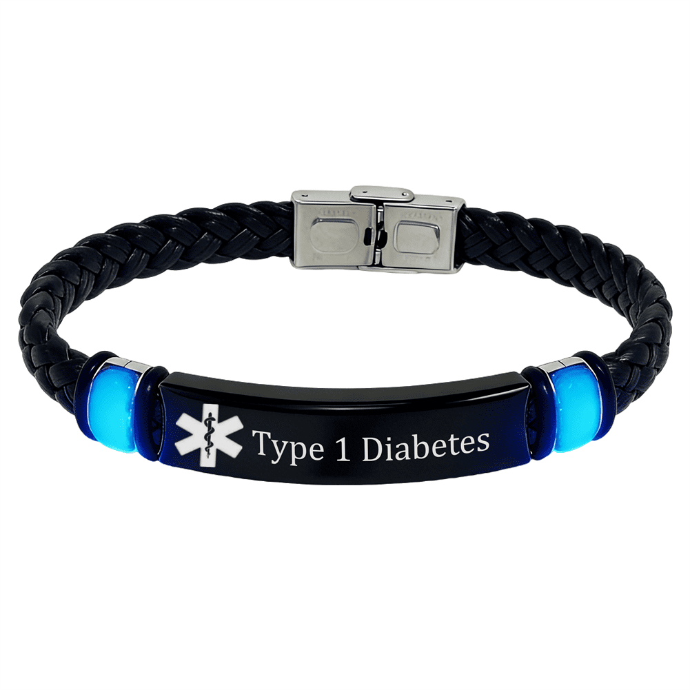 Glow in the Dark Medical Alert ID Leather Bracelet for Men Women, Diabetic/Epilepsy/Blood Thinner Identification Alarm Wristband for Meds Disease Allergies Awareness Jewelry for Emergency