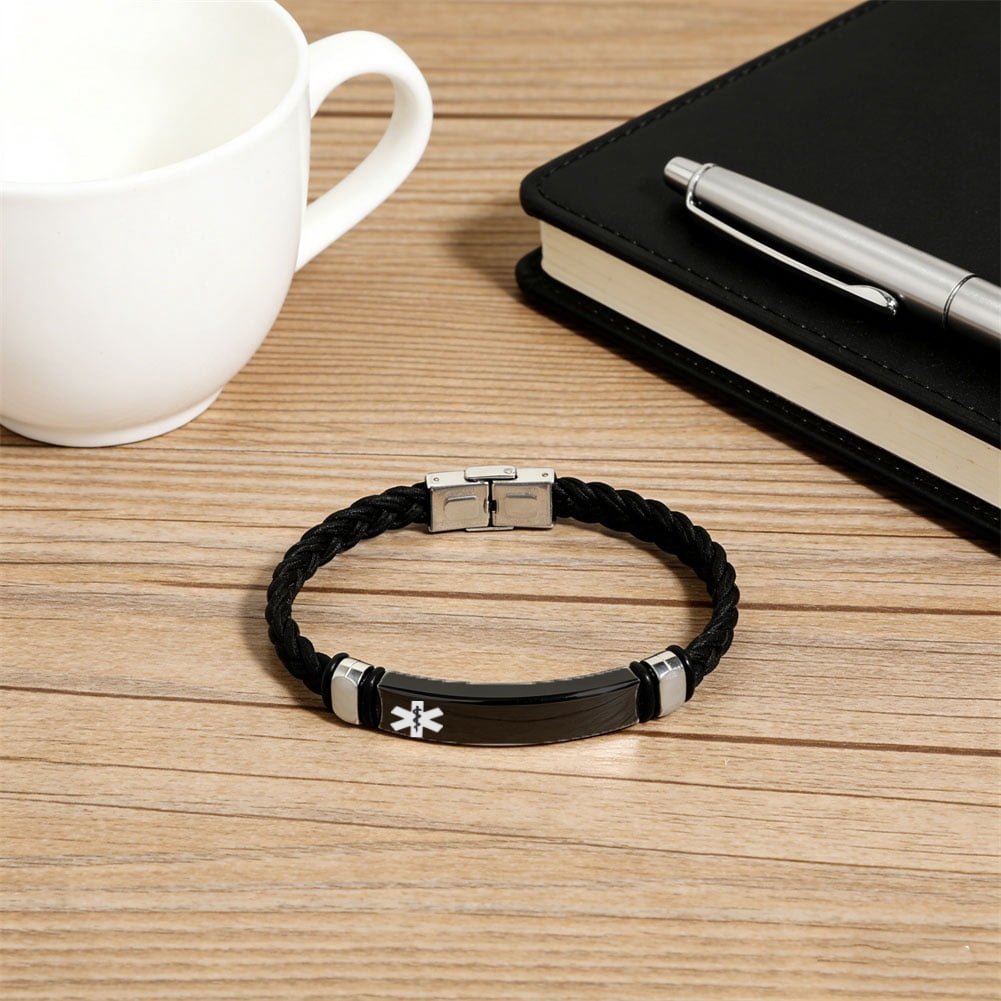 Glow in the Dark Medical Alert ID Leather Bracelet for Men Women, Diabetic/Epilepsy/Blood Thinner Identification Alarm Wristband for Meds Disease Allergies Awareness Jewelry for Emergency - Image 4