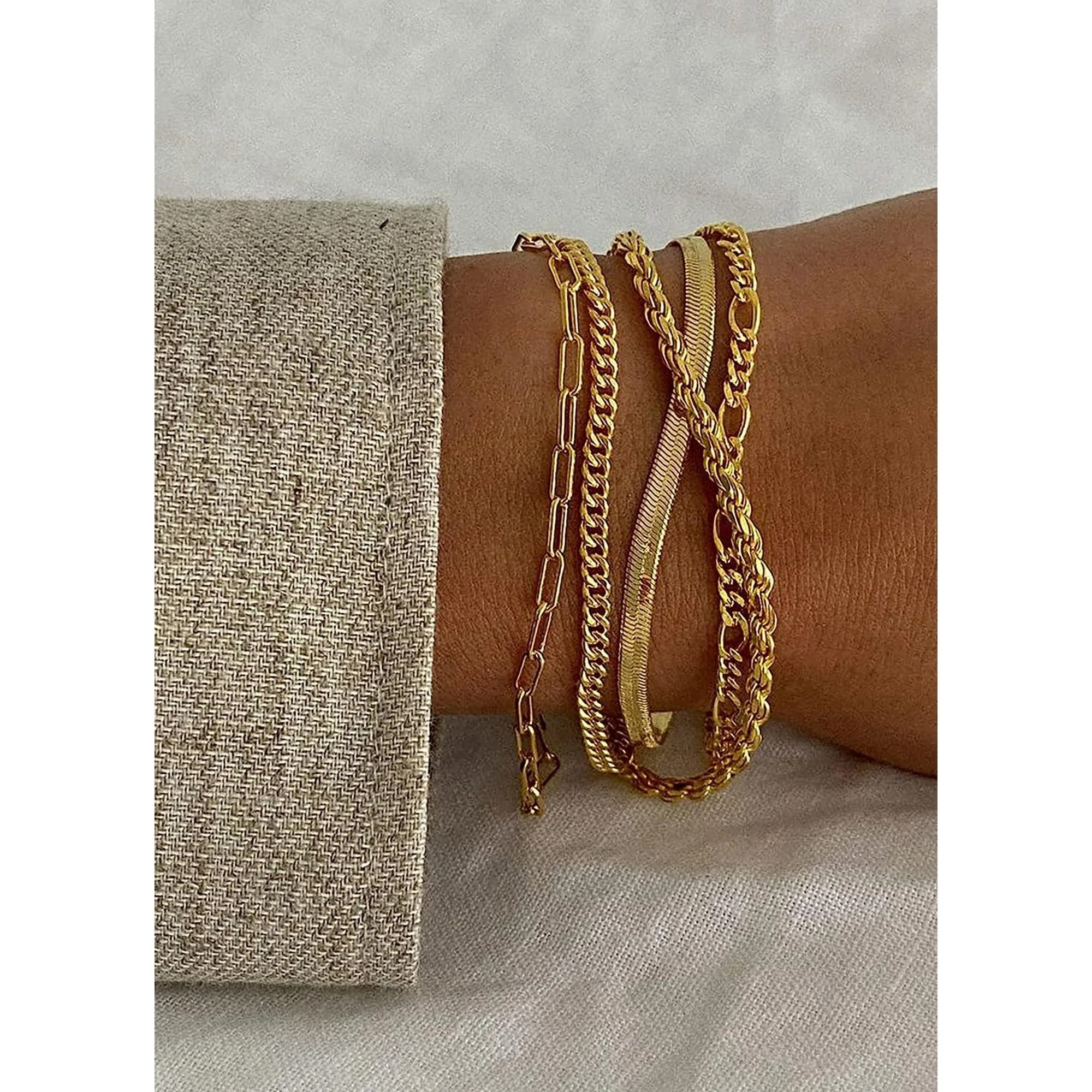 Gold Bracelets for Women, 14K Gold Plated Jewelry Sets for Women Trendy Thin Dainty Stackable Cuban Link Paperclip Chain Bracelet Pack Fashion Accessories Gifts - Image 2