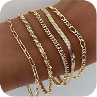 Gold Bracelets for Women, 14K Gold Plated Jewelry Sets for Women Trendy Thin Dainty Stackable Cuban Link Paperclip Chain Bracelet Pack Fashion Accessories Gifts