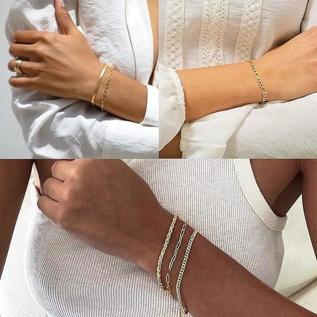 Gold Bracelets for Women, 14K Gold Plated Jewelry Sets for Women Trendy Thin Dainty Stackable Cuban Link Paperclip Chain Bracelet Pack Fashion Accessories Gifts - Image 4