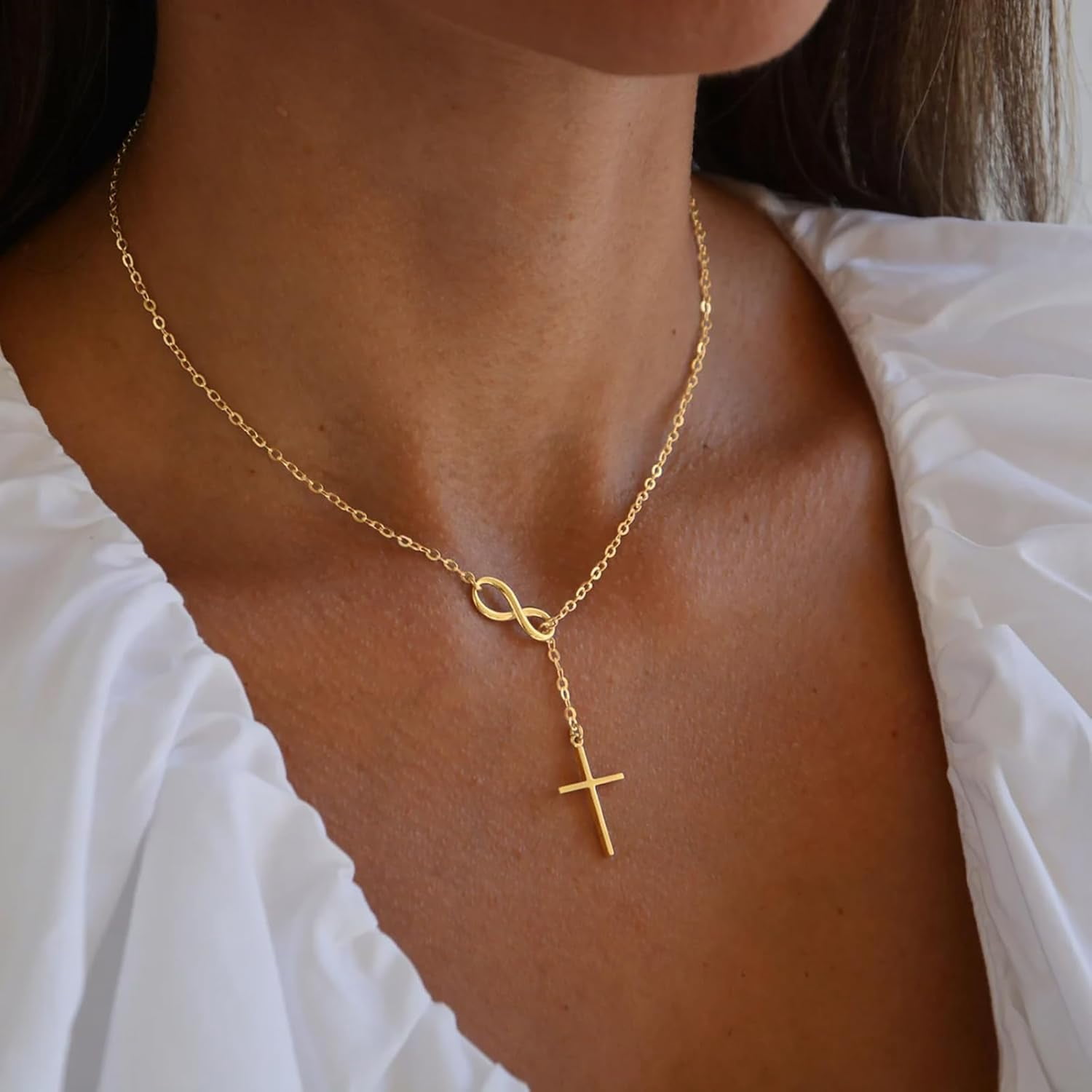Gold Necklace for Women Dainty Infinity Cross Pendant Necklace Non Tarnish & Waterproof Layered CZS Jewelry for Everyday Wear Simple Trendy Choker Minimalist Faith Christian Cross Gifts - Image 3