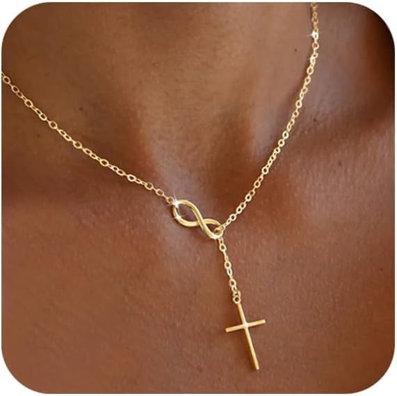 Gold Necklace for Women Dainty Infinity Cross Pendant Necklace Non Tarnish & Waterproof Layered CZS Jewelry for Everyday Wear Simple Trendy Choker Minimalist Faith Christian Cross Gifts
