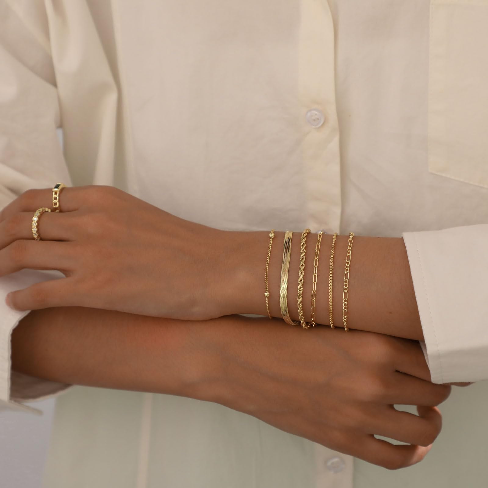 GOSFRY 6‑Pcs Bracelet Stack Set for Women Dainty 14K Gold Plated Layered Waterproof Chain Trendy Jewelry Gifts - Image 4
