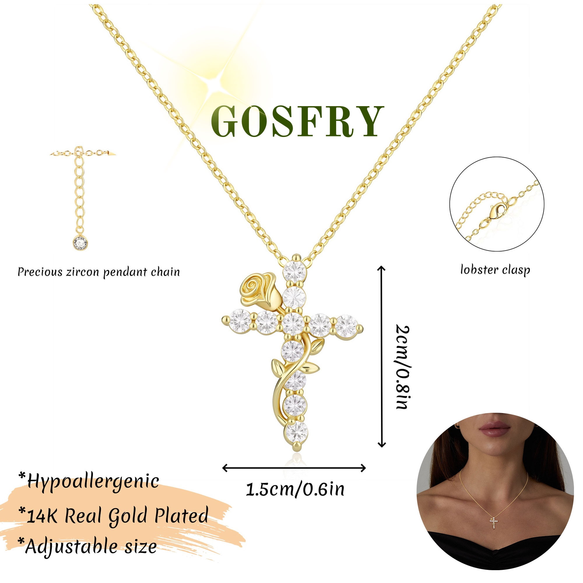 GOSFRY Cross Necklace for Women, 14K Gold Plated Dainty Zircon Pendant Aesthetic Non Tarnish Waterproof Necklaces Religious Jewelry Gifts - Image 5