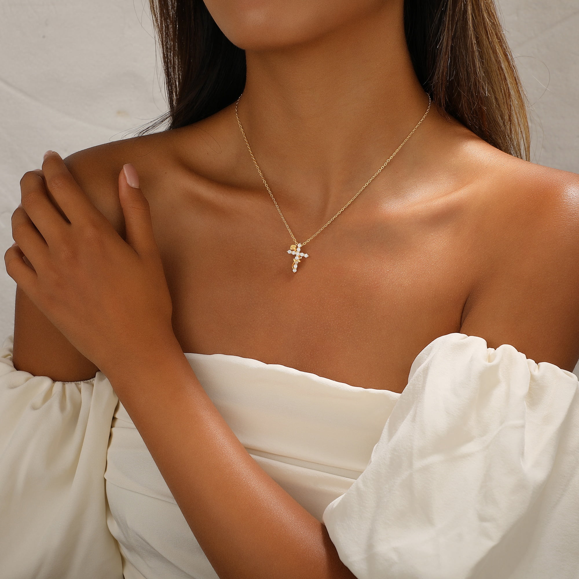 GOSFRY Cross Necklace for Women, 14K Gold Plated Dainty Zircon Pendant Aesthetic Non Tarnish Waterproof Necklaces Religious Jewelry Gifts - Image 3