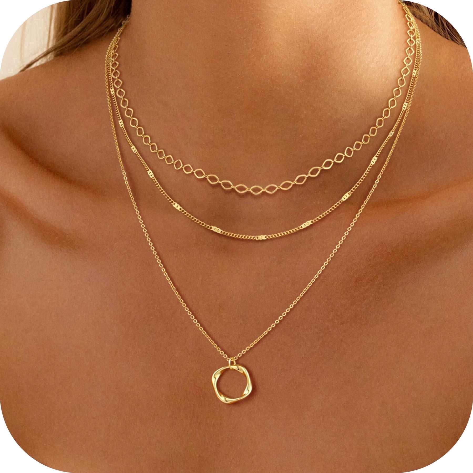 GOSFRY Layered Necklace Set for Women Dainty 14K Gold Plated Oval Paperclip Chain Circle Pendant Trendy Jewelry Gifts