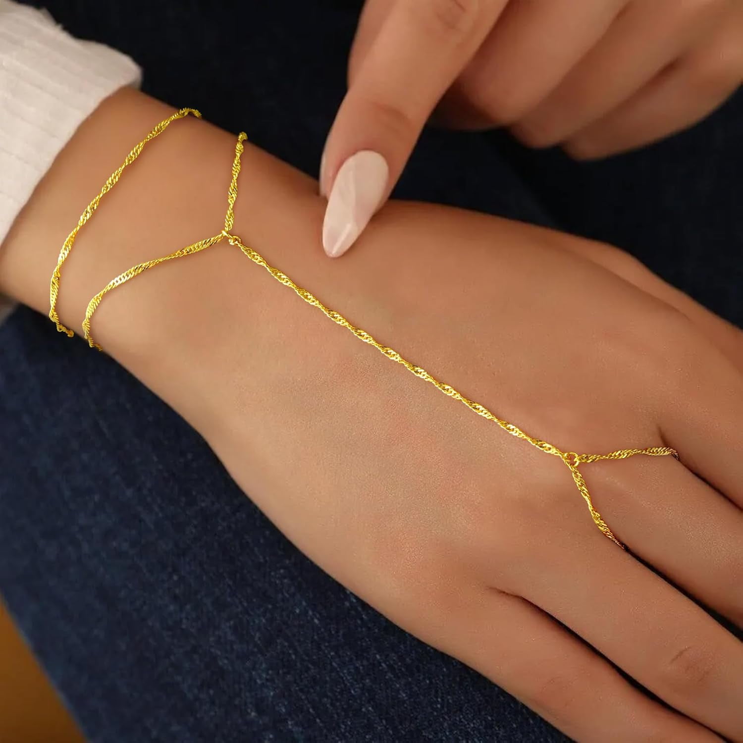 Hand Chain Bracelet for Women -Valentine's Day gift Dainty 14K-Gold-Plated Finger Ring Hand Chains Layered Trendy Link Bracelets Jewelry Gifts for Women - Image 4