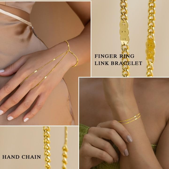 Hand Chain Bracelet for Women -Valentine's Day gift Dainty 14K-Gold-Plated Finger Ring Hand Chains Layered Trendy Link Bracelets Jewelry Gifts for Women - Image 3