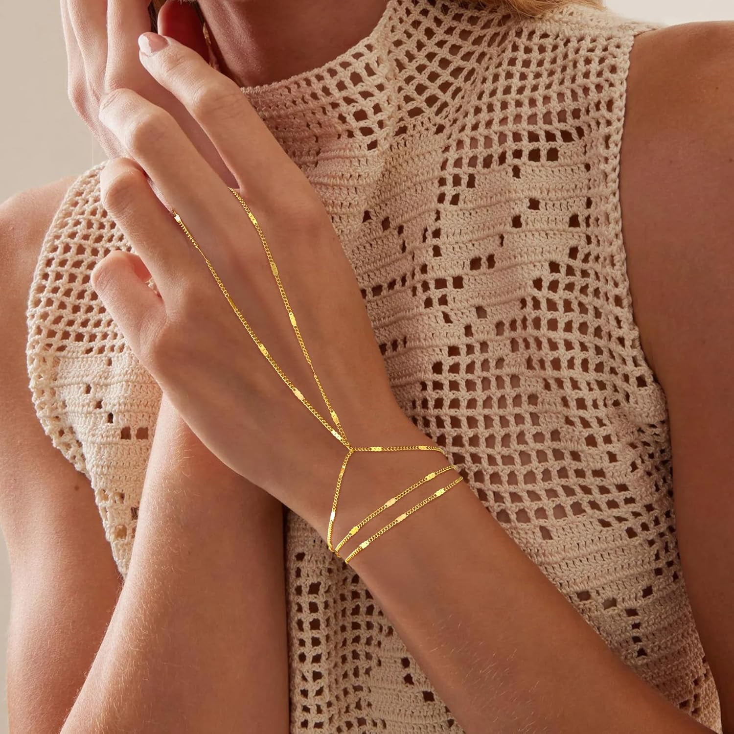 Hand Chain Bracelet for Women -Valentine's Day gift Dainty 14K-Gold-Plated Finger Ring Hand Chains Layered Trendy Link Bracelets Jewelry Gifts for Women - Image 2