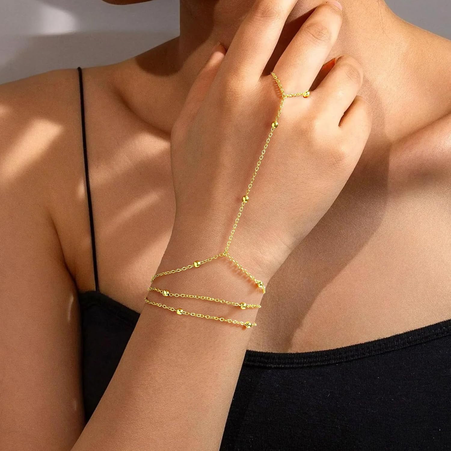 Hand Chain Bracelet for Women -Valentine's Day gift Dainty 14K-Gold-Plated Finger Ring Hand Chains Layered Trendy Link Bracelets Jewelry Gifts for Women - Image 5